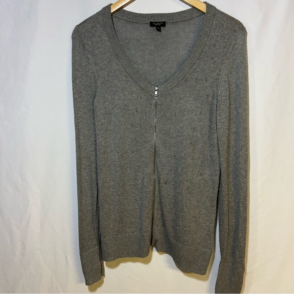Talbots Light Gray Knit Sweater Cardigan Zip Front Embellishment size Small